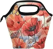 Naanle Watercolor Floral Poppies Insulated Zipper Lunch Bag Cooler Tote Bag for Adult Teens Kids Girls Boys Men Women, Poppy Art Lunch Boxes Lunchboxes Meal Prep Handbag for School Office