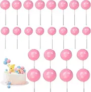 24 PCS Ball Shaped Cake Insert Toppers Mini Balloon Cake Picks Cupcake Pearl Bubble Balls Gold Silver DIY Decoration for Wedding Anniversary Graduation Birthday Party Baby Shower (Pink)