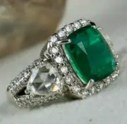 NATURAL ZAMBIA EMERALD CUSHION 4.87 CTS GEMSTONE DIAMOND 18K GOLD IMPORTANT RING