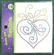 Fancy Heart w/ Swirls Dritz Iron-On RhineStuds Craft Decoration #2885 ~3" x 4"