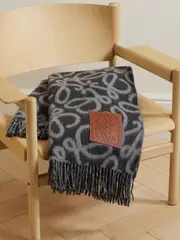 [LOEWE] LOEWE - Fringed Leather-trimmed Alpaca-blend Jacquard Blanket - Gray - One size One size Gray