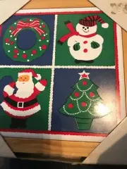 CHRISTMAS TRIVET~Ceramic Pot Holder Tile~Wood*Wreath*Tree*Snowman*Santa