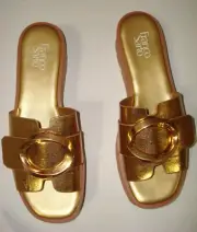 New Womens 11 M Sandal Shoe Franco Sarto Wedge Platform Slide Metallic Gold NIB
