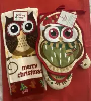 Holiday Time Owl Christmas Potholder Oven Mitt & Kitchen Towel Set NWT