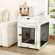 Piskyet Dog Crate Furniture,Wooden Dog Crate End Table with Storage Drawer&Cushion&Tray, QC3.0 Wireless Fast Charging&Dual USB, Dog Crate Indoor Kennel for Medium Dogs - Marble White