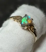 Lightning Ridge Natural Solid Polished Opal Set In 14k Gold Ring Size 8 8x6mm