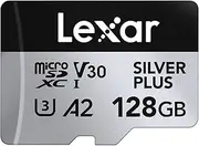 Lexar Silver Plus Micro SD Card 128 GB, Memory Card Micro SD with SD Adapter, Up to 205 MB/s Read Speed, UHS-I, A2, U3, V30, Class 10, 4K UHD microSDXC Memory Card