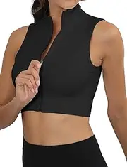 [SEAUR] Sports Crop Top Women's Sleeveless Zip Tank Top Stand-Up Collar Tight Short Top Slim Fit for Gym Fitness Workout S-L