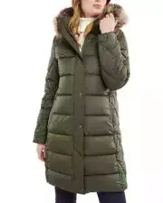 Barbour V2307 Womens Army Green Daffodil Faux Fur Trim Hooded Puffer Coat Size 6