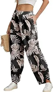 [FREEOAK] Womens Wide Leg Harem Pants Casual Loose Elastic Waist Solid Color Comfy Palazzo Lounge Baggy Sweatpants with Pockets