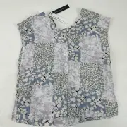 NICOLE MILLER NEW YORK top blouse blue linen women's Size S Patchwork Print NWT