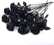 12 PCS Artificial Flowers Black Roses, Fake Silk Flower Long Stem Artificial Black Rose for Halloween Home Wedding Party Decorations(Black)