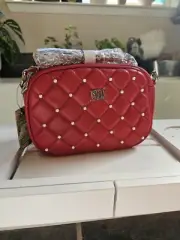 Badgley Mischka Red Quilted Pearl Crossbody