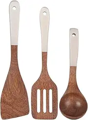 Wood Spatula for Cooking, 3 in 1 Set of Long-Handled Spatulas Made of Wenge. with Painted Handles, Includes a Spatula, a Slotted Spatula and a Soup Ladle for Kitchen. Suitable for Non-Stick Cookware