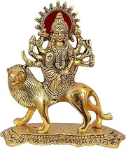 Metal Durga Maa Idol Showpiece Figurine, Sherawali Ambe Maa Murti Statue for Pooja Gift, Height 20cm, Gold Antique Finish