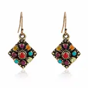 10pairs Bohemian Colorful Diamond Ear Drop Square Alloy Rhinestone Earring For Women