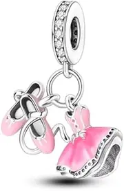 [The Charmery] Pink Ballet Dress and Ballet Shoes Charm 925 Silver Compatible with Pandora Charms, Trollbeads, Chamilia, Biagi and Many Other UK Charm Bracelets., Metal