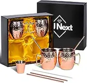 Moscow Mule Mugs - 16oz Hammered Copper Mugs Set of 4 with 4 Copper Straws, 1 Shot Glass - Copper Cups with Stainless Steel Lining for Bars, Gift Packaging, Beers, Wines - Perfect for Drinking