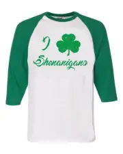I Love Shenanigans St Patrick Day Pat's Shamrock 3/4 Sleeve Jersey Shirt 1594
