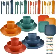 48Pcs Wheat Straw Dinnerware Sets Unbreakable Plastic Plates and Bowls Sets
