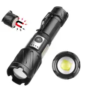 BikightPowerful Zoomable Flashlight with COB Sidelight with 18650 Battery Magnet Tail, High Power Tactical Torch USB R