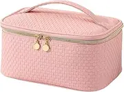[HAYAHARU] Large Capacity Travel Cosmetic Bag,Portable PU Leather Checkered Makeup Bag Water Resistant,Open Flat Toiletry Bag,Makeup Bag Organizer with Divider and Handle (D-Pink)