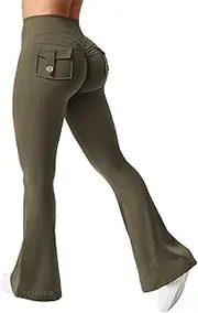 [YEOREO] CoreFlex Flare Leggings with Pockets for Women 31.5" Scrunch Workout Leggings Butt Lifting Gym Yoga Pants Army Green