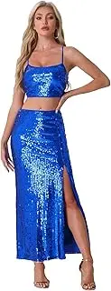 [Allegra K] 2 Pieces Outfits for Women's Sequin Spaghetti Straps Crop Top High Waist Split Maxi Skirt Set