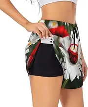[GaxfjRu] Flower and White Daisy Print Women's Running Shorts High Waisted Running Shorts Pocket Sporty Gym Elastic Short