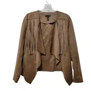 Women's AQUA Fringed Faux Suede Jacket Waterfall Open Front Draped Tan Sz XS NWT