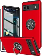 KRAFTCARE for Google Pixel 6a Case with Kickstand Ring and Screen Protector, Shockproof and Anti Scratch 360° Magnetic Ring Holder Stand Phone Cover for Google Pixel 6a - Red