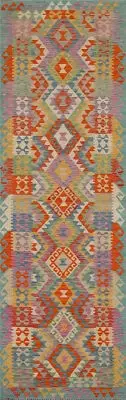 Geometric Reversible Kelim Kilim Runner Rugs Flatweave Tribal Wool Carpet 3x10