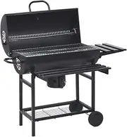 Portable Barrel Grill with Wheels, Shelves & Thermostatic Lid, 115x85x95 cm, Black Steel Outdoor BBQ for Kitchen Patio, Stand, and Storage
