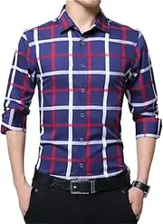 [Sweejim] Men Plus Size Casual Cotton Plaid Shirt Long Sleeve Plaid Turn Down Collar Dress Shirt