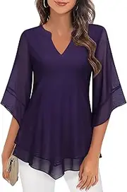 [ACDAY] Womens Blouses Ruffle 3/4 Sleeve Dressy Tops V Neck Chiffon Tunic Tops Double Layers Flowy Mesh Shirts