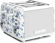 Laura Ashley China Rose Toaster 4 slice By VQ - Multi-Functional Toaster with Adjustable Heating, Defrost & Reheat Modes. Stainless Steel Body, 4 Wide Slots & includes a Croissant Warming Rack