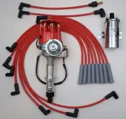 PONTIAC 350-389-455 RED Small Cap HEI DISTRIBUTOR + CHROME 45K COIL + PLUG WIRES