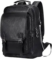 PU Faux Leather Retro Backpack for Men USB Port Laptop Computer Bookbag College Weekend Travel Daypack (Black) Black