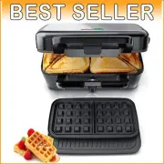 1200W 3-in-1 Waffle Maker & Sandwich Maker with Removable Plates - Silver/Black