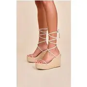 Silver Pu Round Toe Diamante Strappy Heeled Wedges, Silver