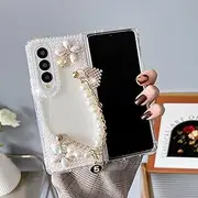 for Samsung Galaxy Z Fold 4 5G Case, LightNice Cute Luxury Pearl Bee Flower Floarl Cover with Pearl Chain Girls Women Handmade Phone Case