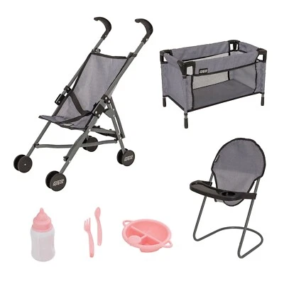 Mamas & Papas 7-Piece Kids Doll's Nursery Bundle Set Grey Pram Stroller Cot Baby