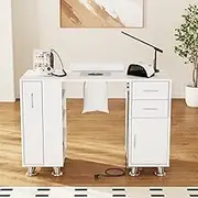 Ufurniture Manicure Table Built-in Dust Collector, Nail Desk for Nail Tech with 4 Dust Bag & Wrist Pad, Acetone Resistant Nail Table Station with Drawers Cabinet Storage White