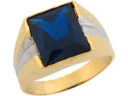 10k or 14k Two Tone Gold Simulated Sapphire Sleek Handsome Stylish Mens Ring