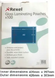 REXEL 41616 A3 Laminating Pouches Gloss (150) 2 x 75 micron x 100 Pack B484
