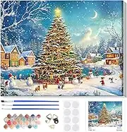 Genius Maker Paint by Numbers Kit for Adults, Christmas Night Tree Landscapes, 12x16 Inch Framed Canvas, Acrylic Paints, 3 Brushes, Non-Foldable