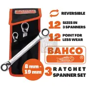 BAHCO Ratchet Spanner Set Ring End 12 Point Better Grip Storage Wallet 3 Pieces