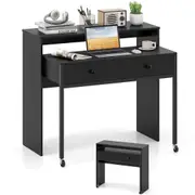 Costway Extendable Writing Desk Console Table w/2 Drawers Study Workstation Small Space Home Office Rustic Black