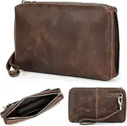 [CataPurus] Top Grain Genuine Leather Clutch Wallet with Wristlet for Man & Woman, Handmade Simple Retro Vintage Design, Multi Pockets & Card Slots, RFID Large Capacity for Cards/ID/Checks/Banknote/Phone, Coffee
