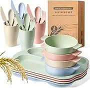 Honoson 24 Pcs Wheat Straw Dinnerware Cutlery Set Including Divided Plates Microwave Dishwasher Safe Bowl Unbreakable Tableware Straw Cutlery Spoon Knife Fork Cup(Beige/pink/green/blue)